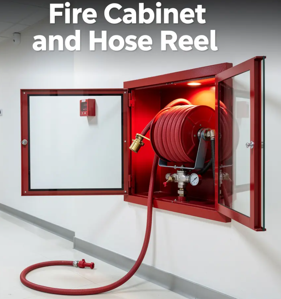 FIRE HOSE REEL AND CABINET WITH ACCESSORIES