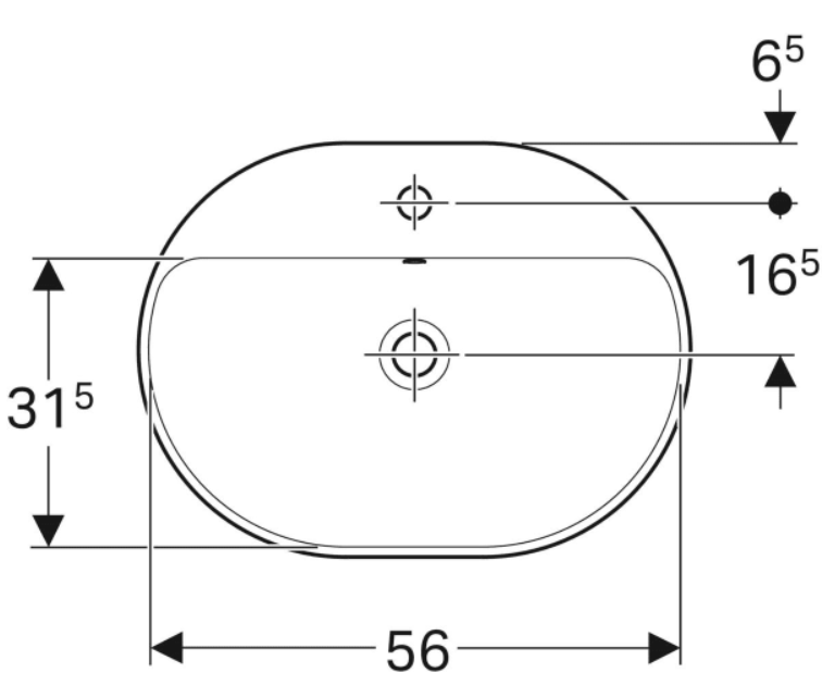 Geberit VariForm countertop washbasin, elliptic, with tap hole benchحوض غسيل بيضاوي الشكل، مثبت على سطح الطاولة، مع فتحة للصنبور