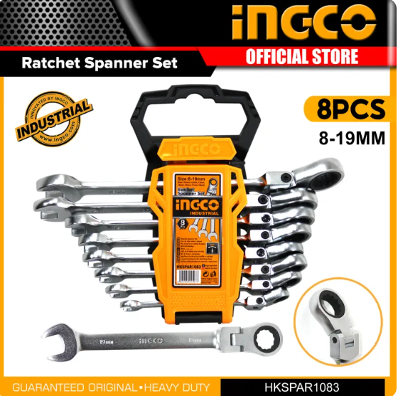8 Pcs Flexible Ratchet Spanner Set طقم مفاتيح متحرك مع سبنر INGCO