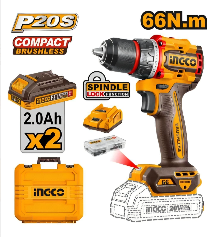 Brushless Cordless Impact Drill دريل بطارية 20 فولت وطقم اكسسوارات INGCO