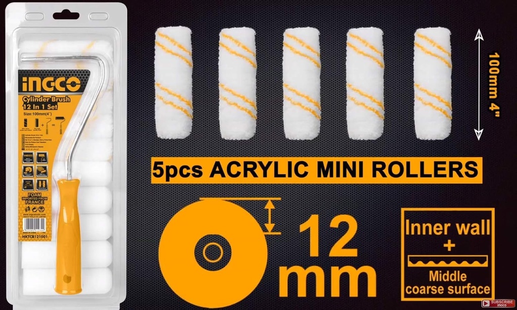 Cylinder brush 11 in 1 set(Inner wall) طقم 11 رولة صبغ 4" - 100ملم مع عدد 1 هاندل INGCO
