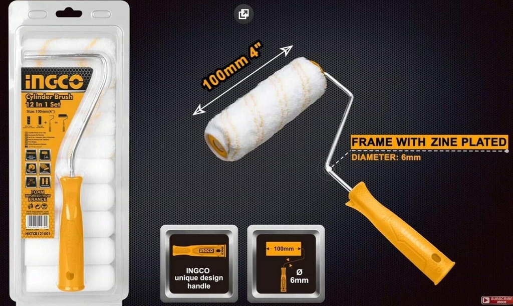 Cylinder brush 11 in 1 set(Inner wall) طقم 11 رولة صبغ 4" - 100ملم مع عدد 1 هاندل INGCO