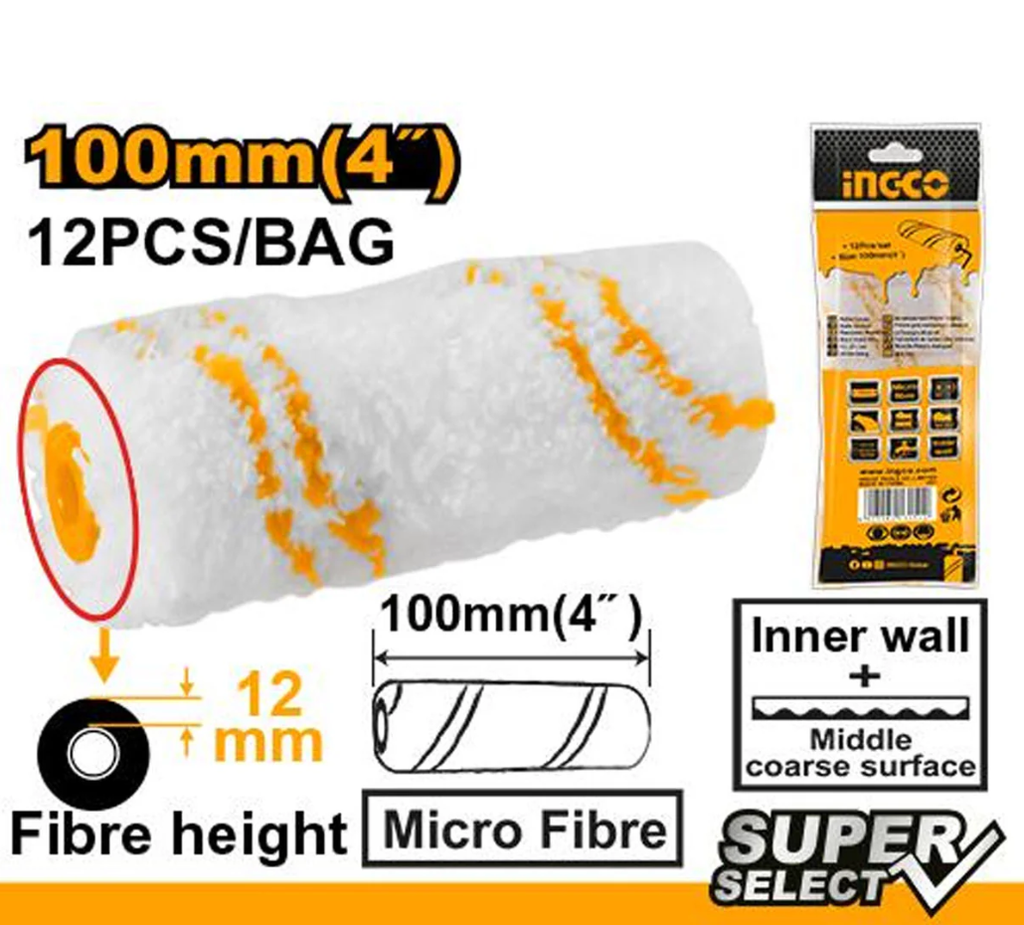 طقم 12 رولة صبغ 4" - 100ملم Microfibre Paint Roller – 4" (100 mm) INGCO