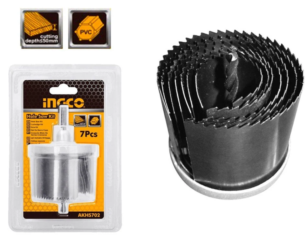 طقم منشار ثقوب – 7 قطع Pcs / Set Hole Saw for Plywood Drywall Wood Plastic طقم قص جبس وخشب INGCO