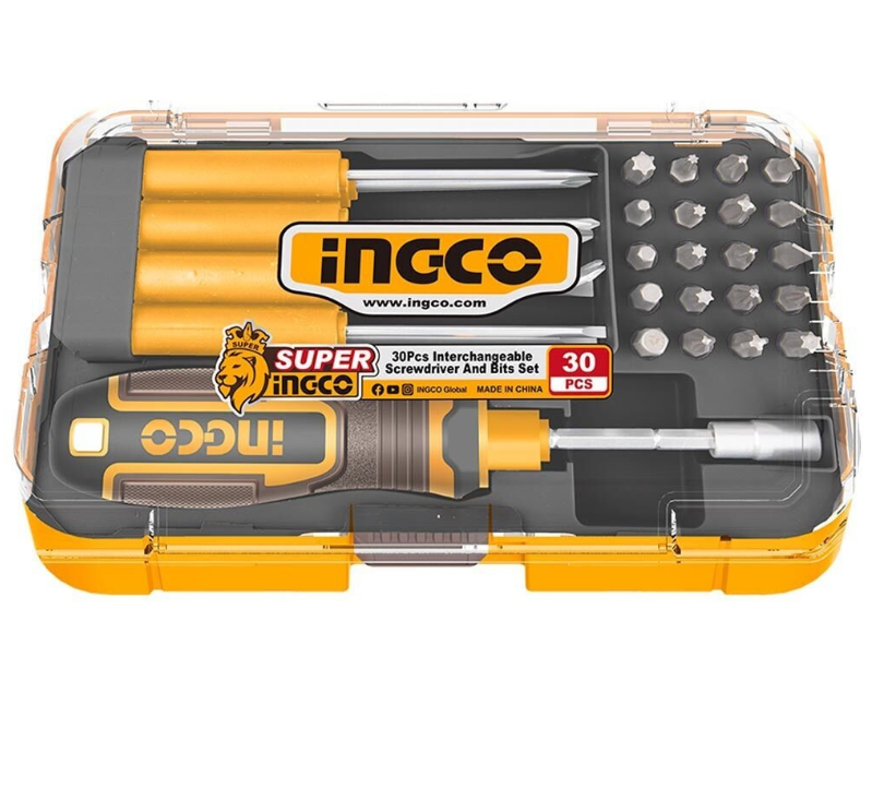 30 Pcs Interchangeable screwdriver and bits set مجموعة مفكات ورؤوس قابلة للتبديل مكونة من 30 قطعة INGCO