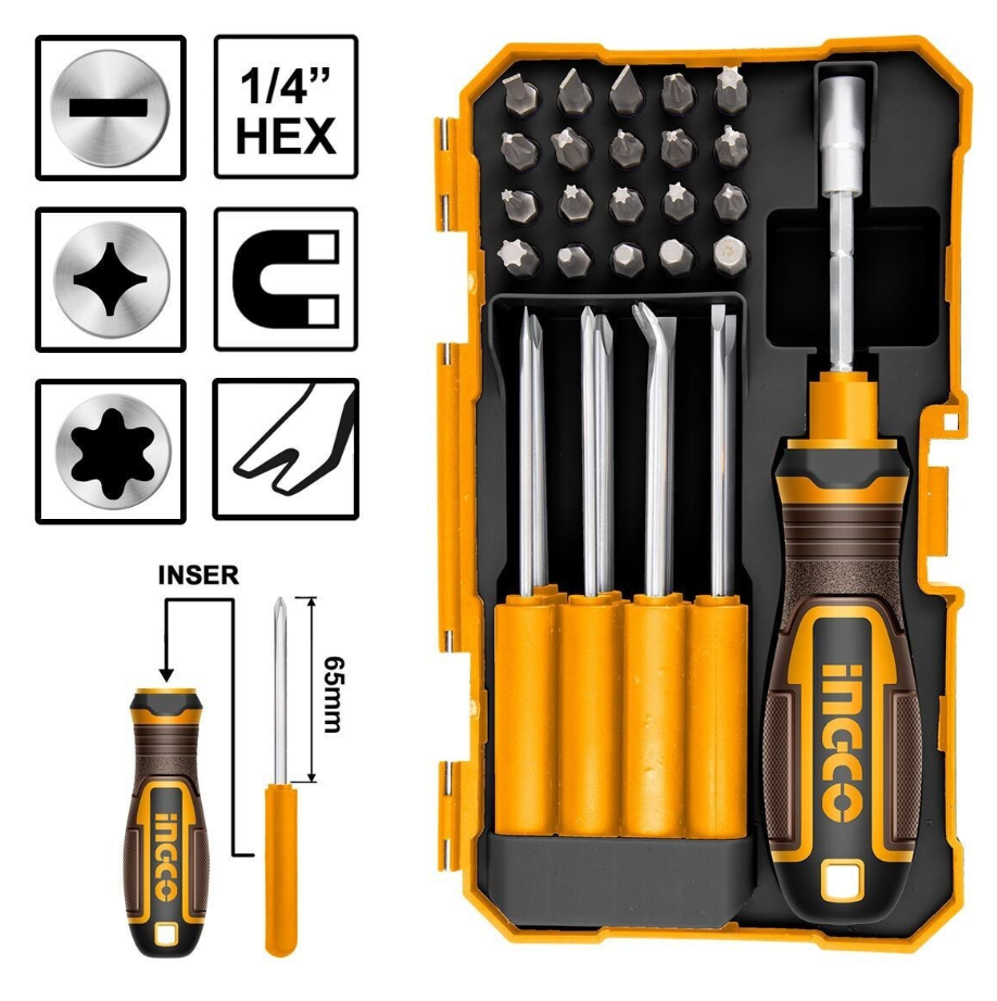 30 Pcs Interchangeable screwdriver and bits set مجموعة مفكات ورؤوس قابلة للتبديل مكونة من 30 قطعة INGCO