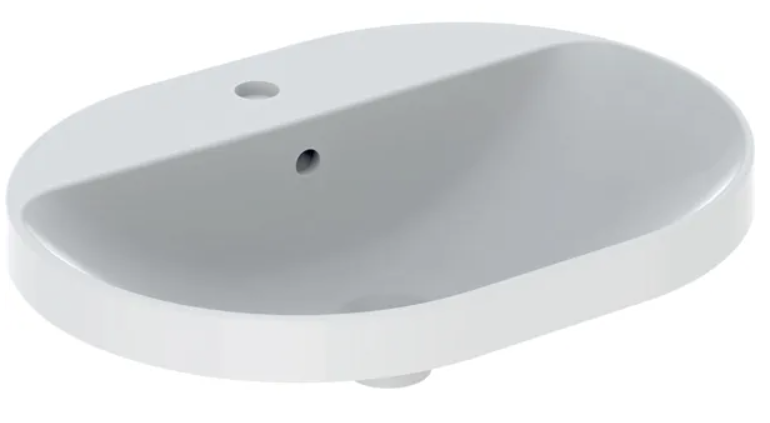 Geberit VariForm countertop washbasin, elliptic, with tap hole benchحوض غسيل بيضاوي الشكل، مثبت على سطح الطاولة، مع فتحة للصنبور