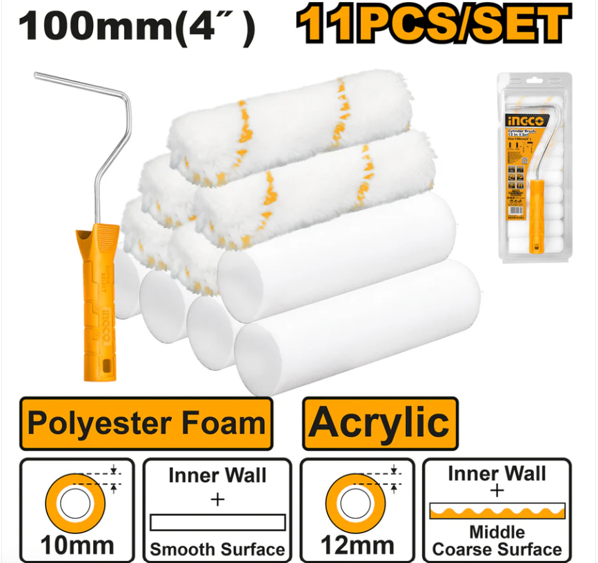 Cylinder brush 11 in 1 set(Inner wall) طقم 11 رولة صبغ 4" - 100ملم مع عدد 1 هاندل INGCO