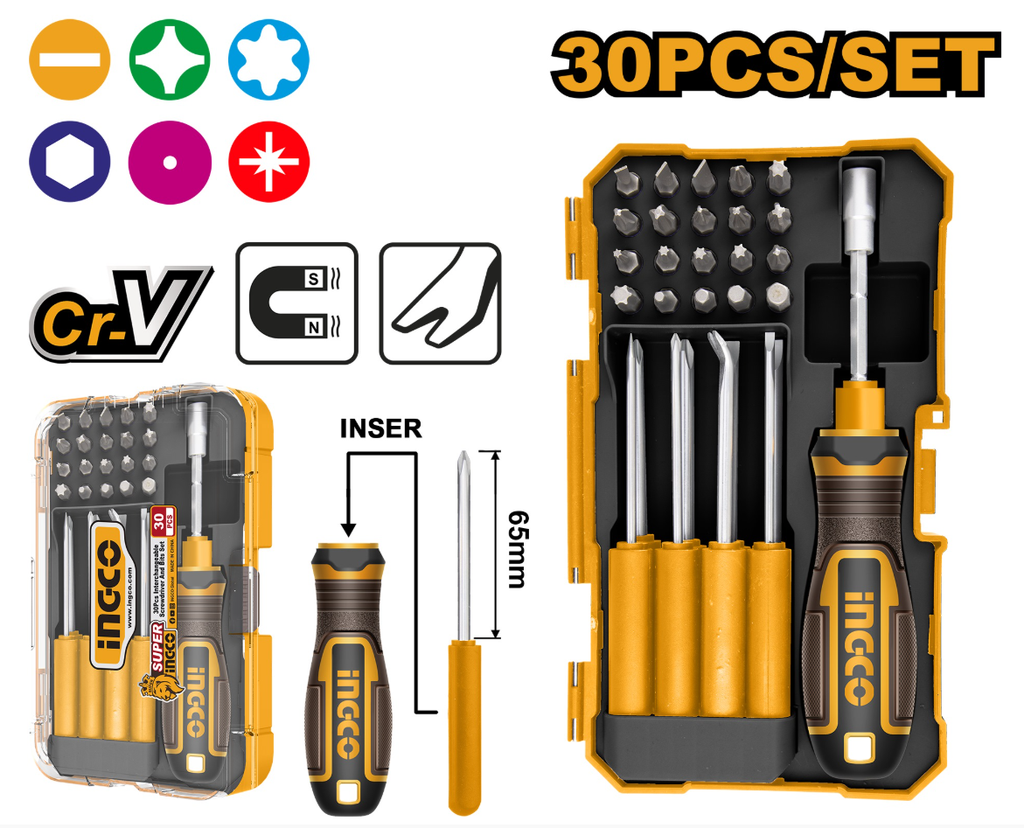 30 Pcs Interchangeable screwdriver and bits set مجموعة مفكات ورؤوس قابلة للتبديل مكونة من 30 قطعة INGCO
