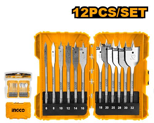 [IN-AKDL1201] 12 Pcs Flat Wood Drill Bits Set طقم ريش نجارة INGCO (نسخة)
