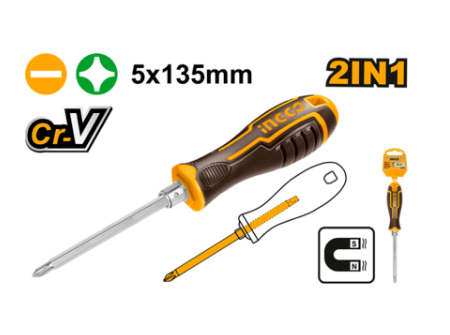 [IN-AKISD0203] 2 In 1 screwdriver set 5X135MM,PH1+SL5 مفك براغي 2 في 1 INGCO