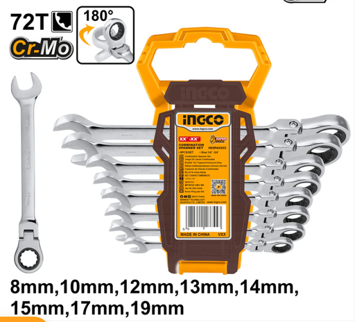 [IN-HKSPAR1083] 8 Pcs Flexible Ratchet Spanner Set طقم مفاتيح متحرك مع سبنر INGCO