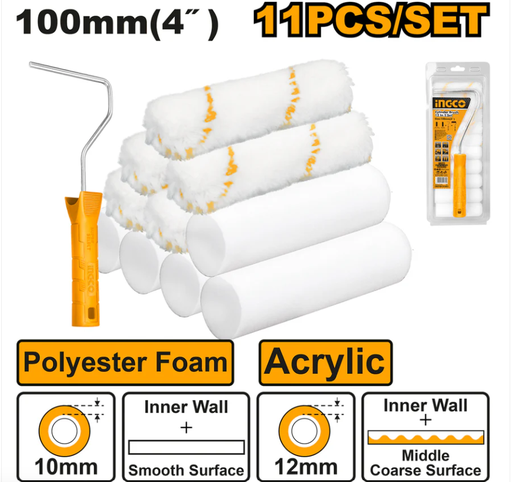 [IN-HKTCB121001] Cylinder brush 11 in 1 set(Inner wall) طقم 11 رولة صبغ 4" - 100ملم مع عدد 1 هاندل INGCO