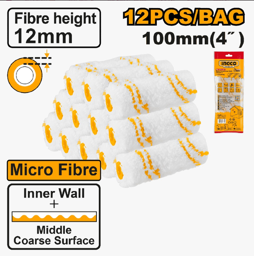 [IN-HRC560412] طقم 12 رولة صبغ 4" - 100ملم Microfibre Paint Roller – 4" (100 mm) INGCO