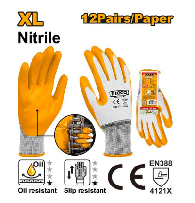 [IN-HGNG04] كفوف مقاس XL بوليستر ابيض/برتقالي INGCO Nitrile Work Gloves