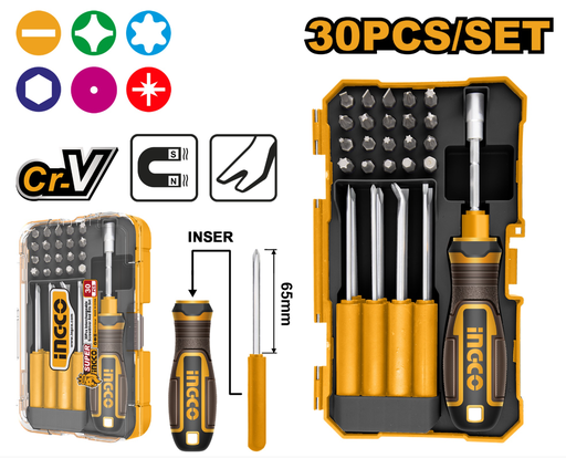 [IN-AKISD3001] 30 Pcs Interchangeable screwdriver and bits set مجموعة مفكات ورؤوس قابلة للتبديل مكونة من 30 قطعة INGCO